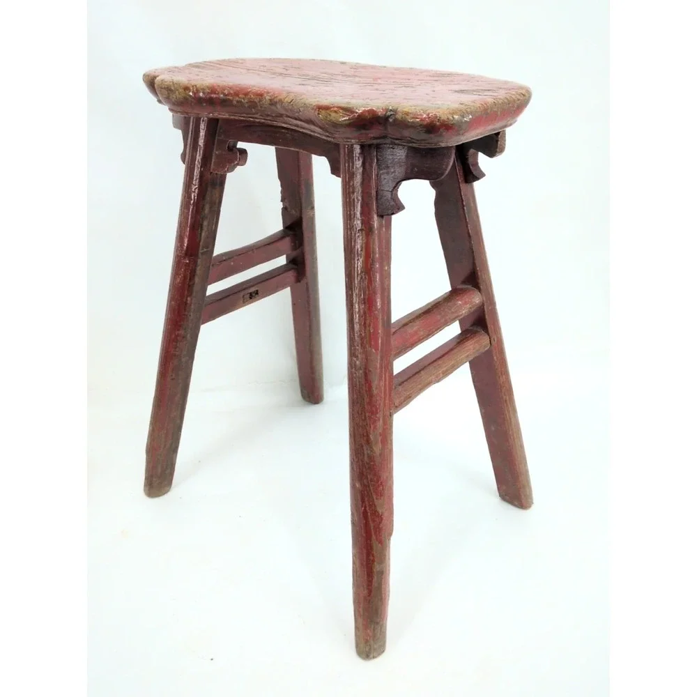 Antique Chinese Elm Red Painted Stool Chair Primitive 1900 Mortise Tenon Bench